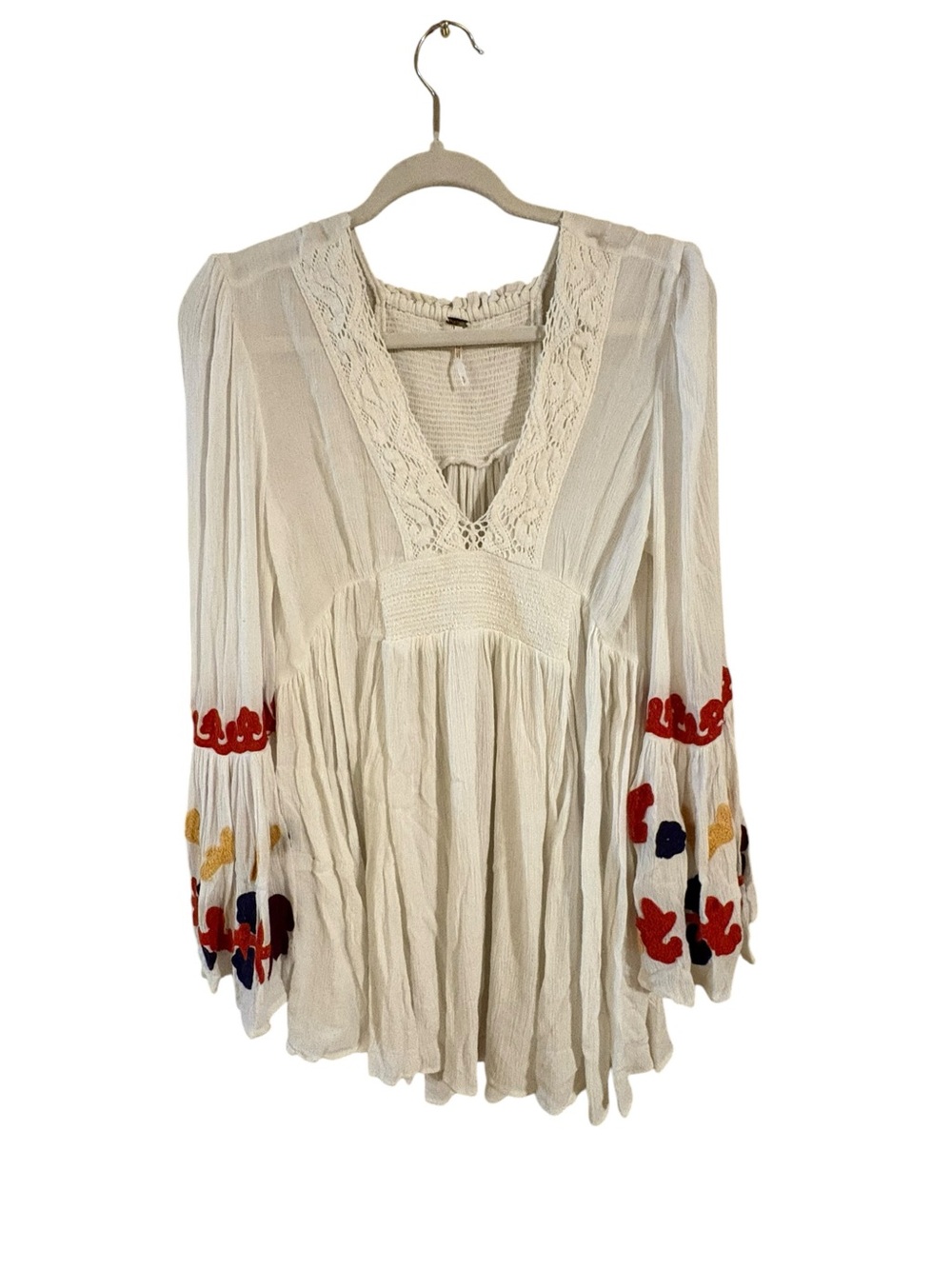 Free People Boho Embroidered Peasant Top Cream Bell Sleeve Tunic
